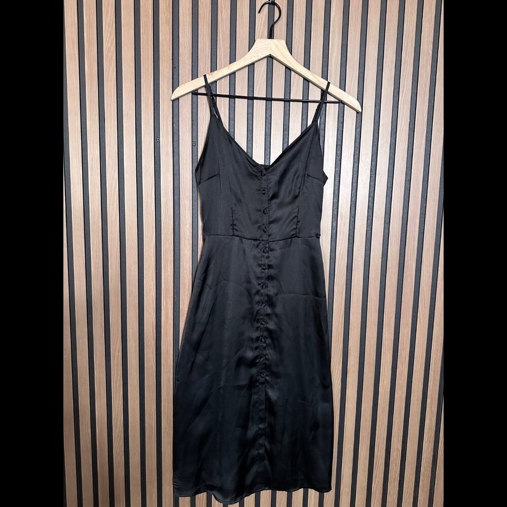 Abercrombie & Fitch Dress Small Black Satin Button Front Smocked Midi Cocktail